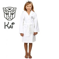 Black Robo Cartoon Design & Custom Name Embroidery on Kids Hooded Bathrobe